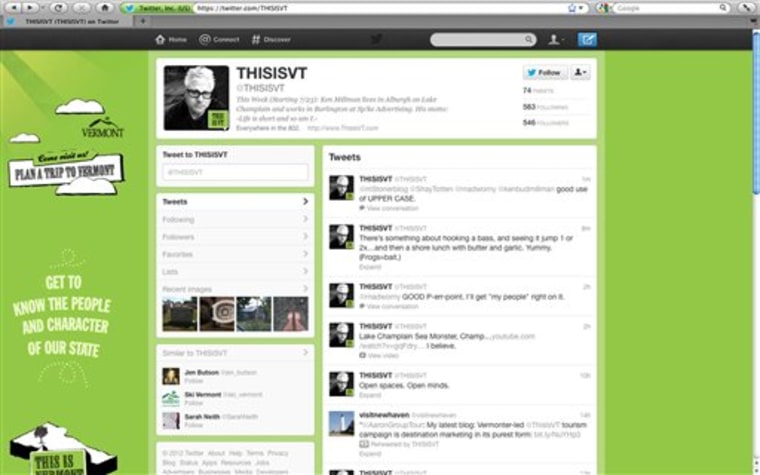 The Twitter page for Vermont Tourism is seen on Thursday, July 26, 2012. Copying Sweden, Vermont's tourism department has launched a new social media campaign that relies on its residents to tweet about why Vermont is a great place live, work and visit.